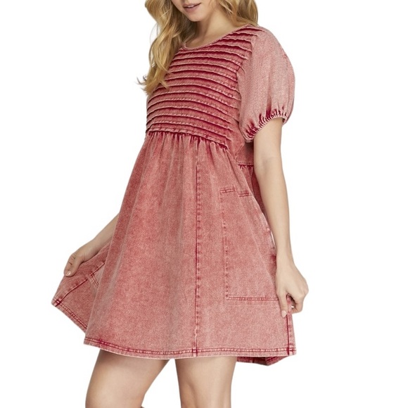 NWT SHE + SKY Mineral Wash Red Denim Pintuck Puff Sleeve Mini with Pockets Sz L - Picture 3 of 6